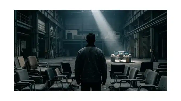 A person stands silhouetted in a vast, dimly lit industrial space, looking towards a distant, illuminated modern workstation, symbolizing economic transition and the shift from traditional office models to new work environments. Empty office chairs are visible in the foreground.