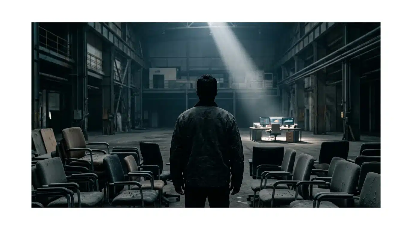 A person stands silhouetted in a vast, dimly lit industrial space, looking towards a distant, illuminated modern workstation, symbolizing economic transition and the shift from traditional office models to new work environments. Empty office chairs are visible in the foreground.