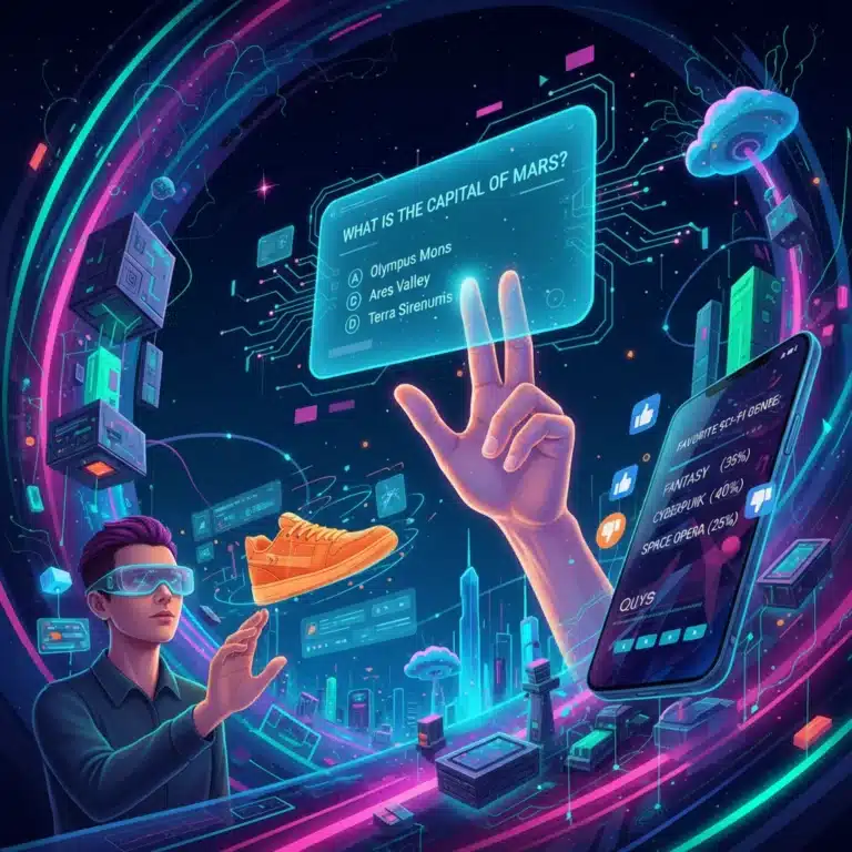 Interactive content elements including quizzes, AR experiences, and polls on digital devices.