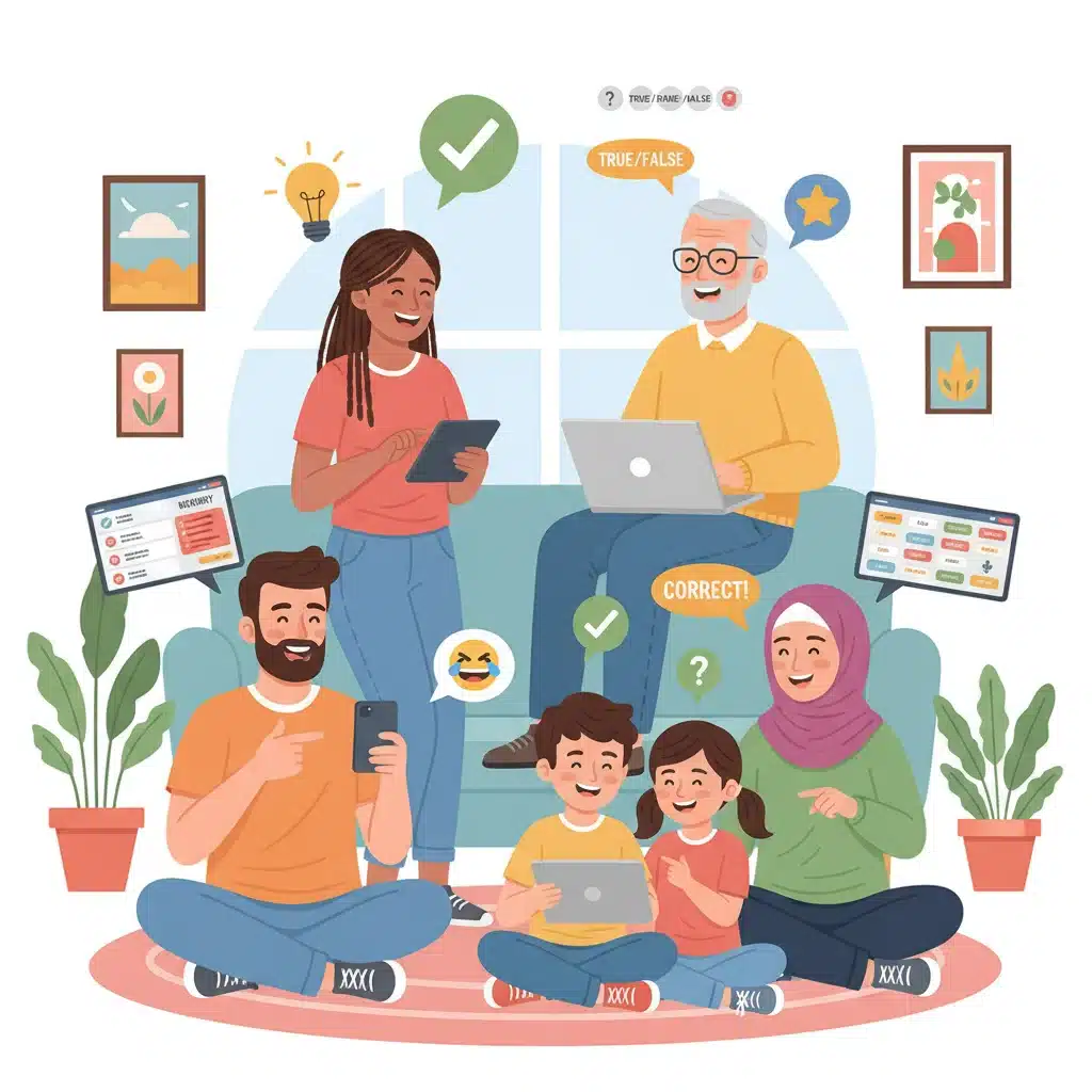 Diverse group of users happily participating in an online quiz on different devices.