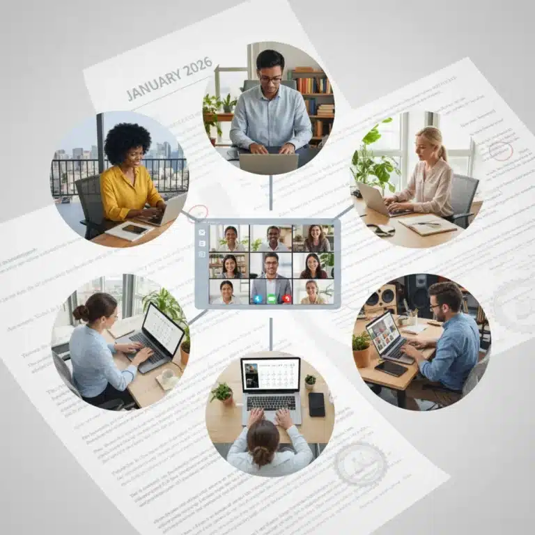 Professionals working remotely, legal documents, and a calendar signaling January 2026, representing remote work compliance.