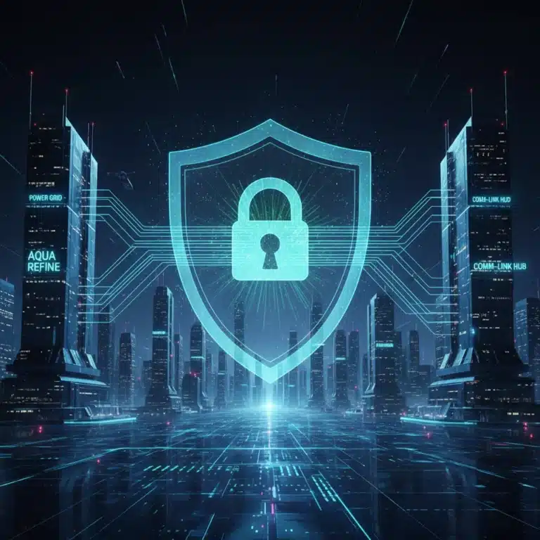 Secure digital city network with glowing data lines protecting critical infrastructure from cyber threats