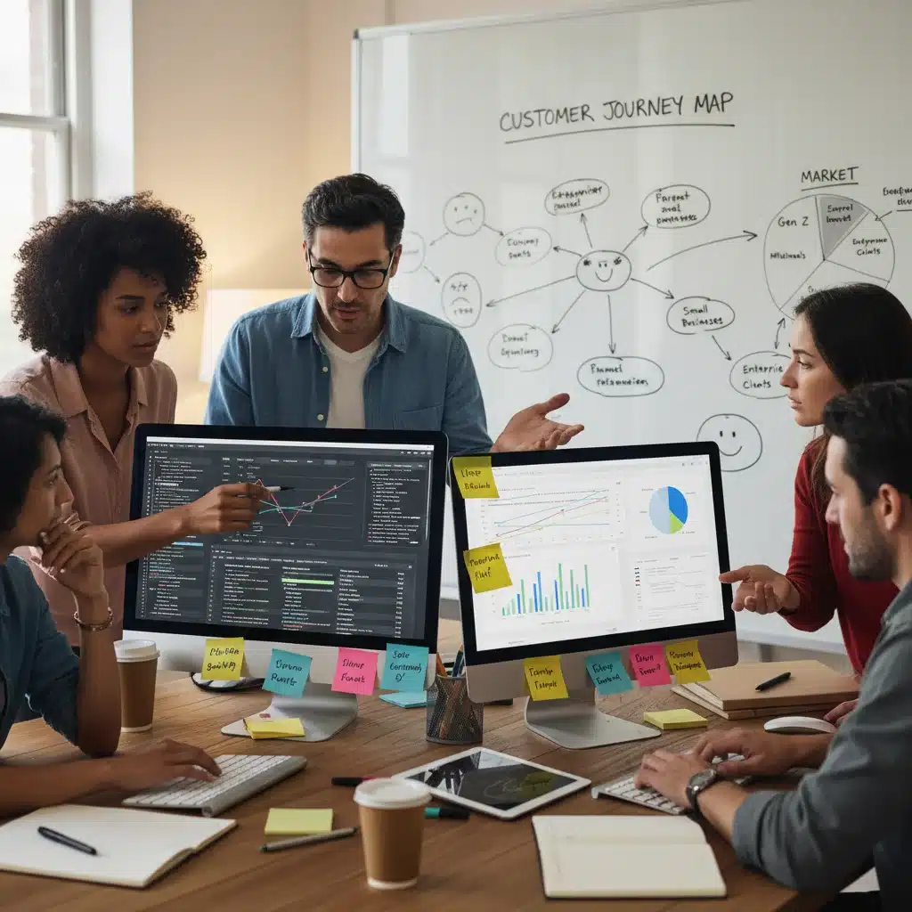 Startup team analyzing customer data and market segmentation on screens