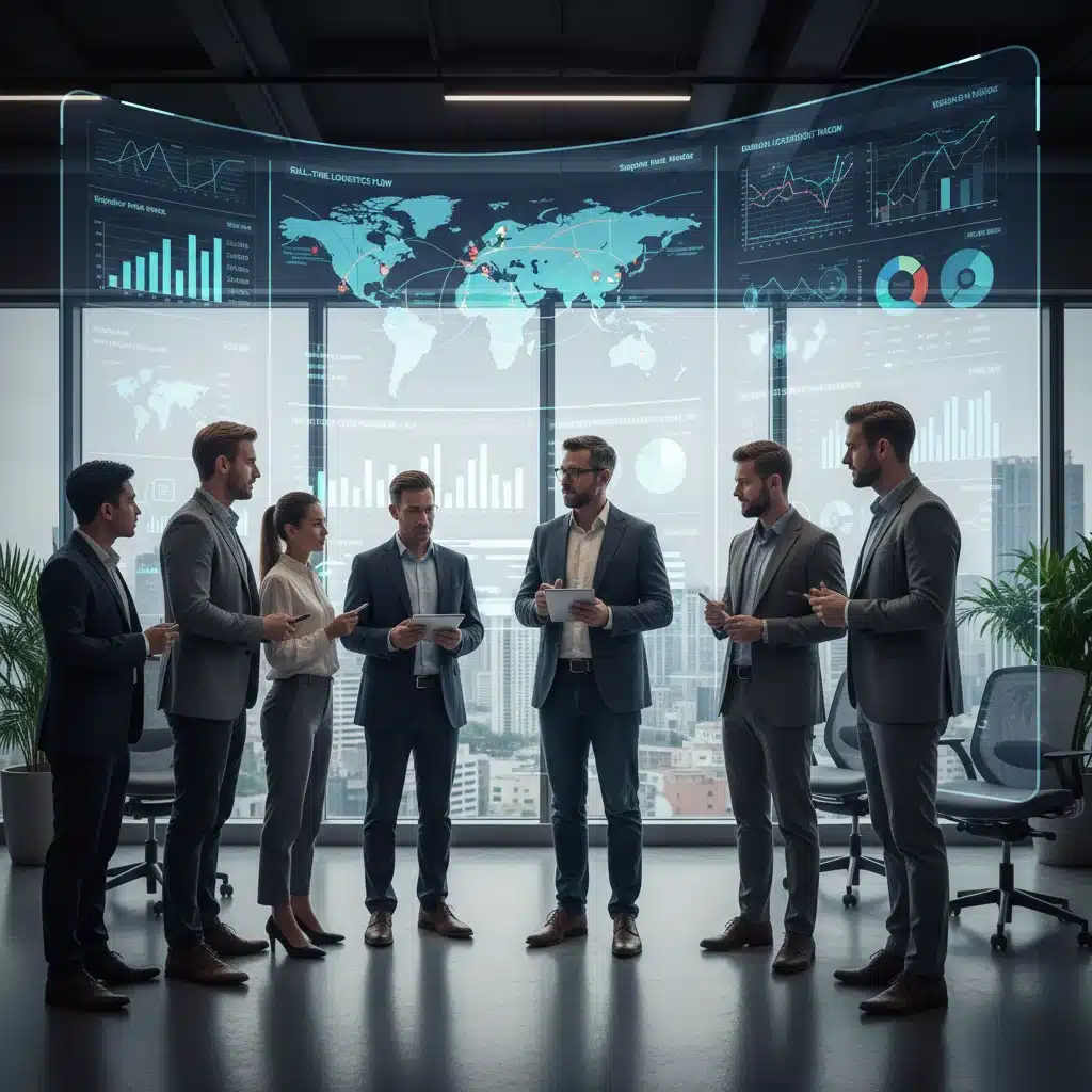 Team collaborating on real-time supply chain analytics dashboard