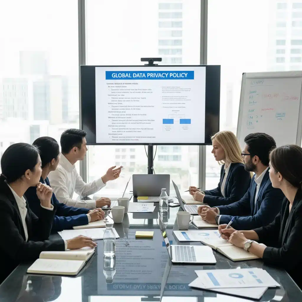Business team discussing data privacy policies and compliance strategies.