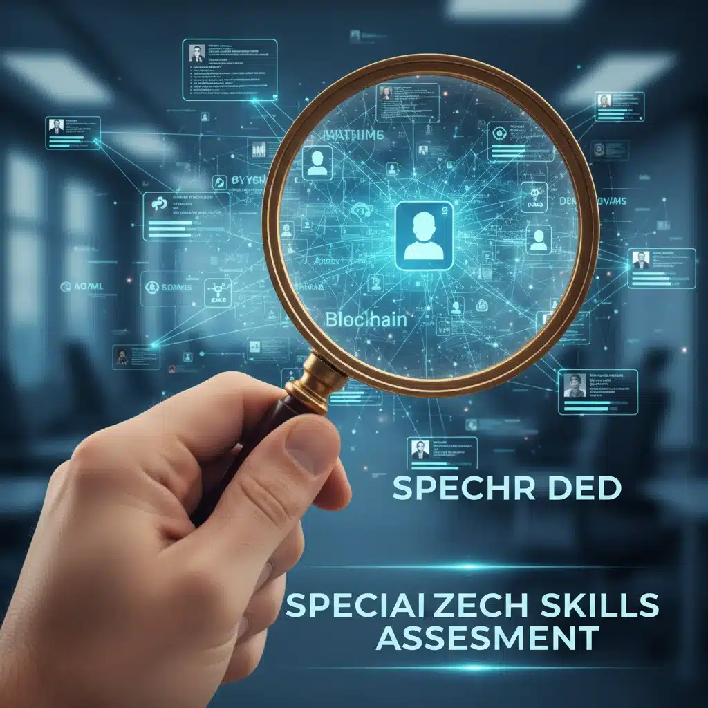 Magnifying glass over digital profiles, symbolizing tech skill evaluation